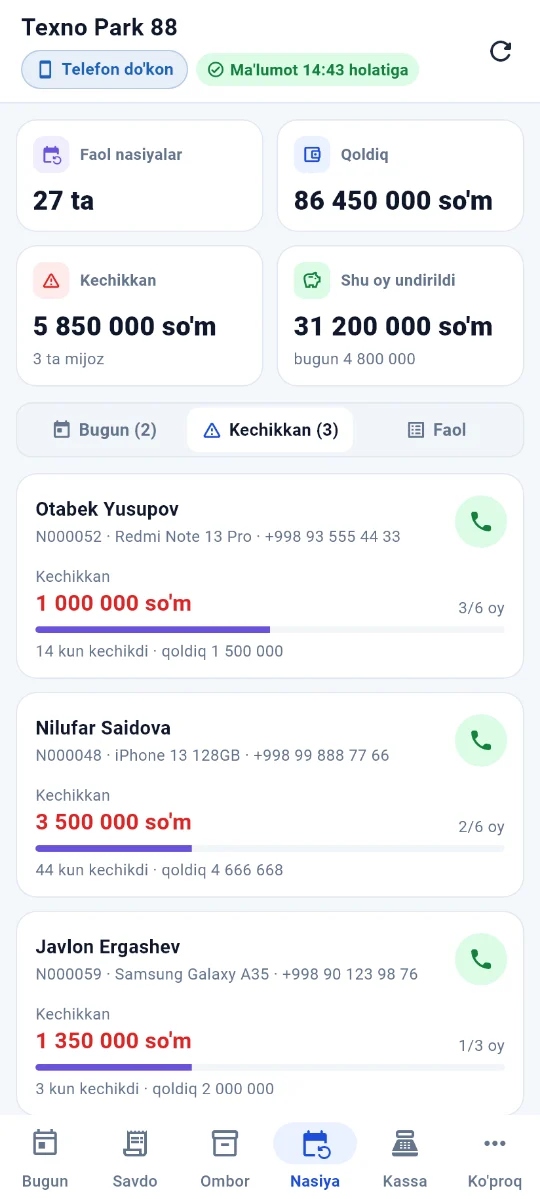 Nasiya ekrani: faol va kechikkan nasiyalar, mijozga qo‘ng‘iroq