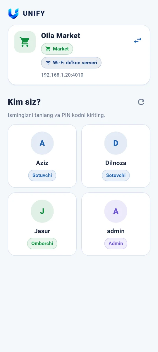 Xodimlar ro‘yxati va PIN orqali kirish